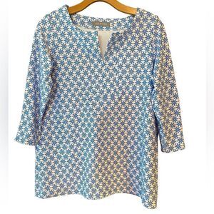 Via Ritina Sz S Blue White Boatneck Spandex Resort Beach Split 3/4 Sleeves Top